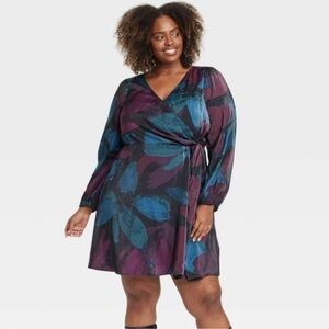 Ava & Viv Black Women's Balloon Long Sleeve Midi Faux Wrap Dress Size 1X